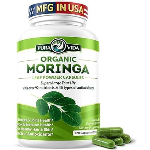 PURA VIDA MORINGA Organic Moringa Powder Capsules, Pure Moringa Leaf Single Origin for Energy, Metabolism & Immune Support, 120ct, 500mg Caps
