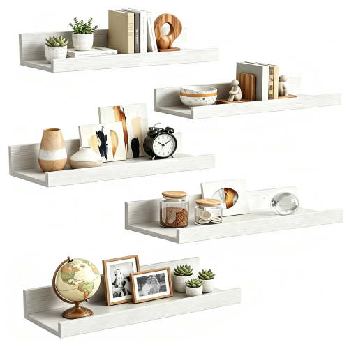Sindcom 16inch Floating Shelves for Wall, Wall Shelves for Decor Storage, Wall Mounted Wood Shelves for Bedroom, Living Room, Bathroom, Kitchen, Picture Ledge Shelves, 5 Pack, White