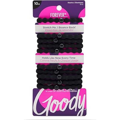 Goody Ouchless Forever Hair Elastics, 10 Ct, Black, Damage-Free Bands, 3X Stronger Elastic Ties, Retainable Shape, 16 Strand Inner Core, Styling Accessories for Women & Men, All Hair Types