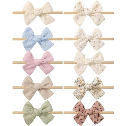 doboi 10PCS Baby Girls Headbands Hair Bows Nylon Cotton Linen Hairbands Handmade Hair Accessories for Newborn Infant Toddlers Little Girl and Kids 3.5Inches-Floral