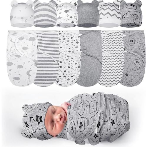Ramede 6 Pack Preemie Swaddle Blanket with Hats Sleep Swaddle for Baby Boy Girl Preemie Newborn Sacks Soft Cotton Wearable(Star,Grey)