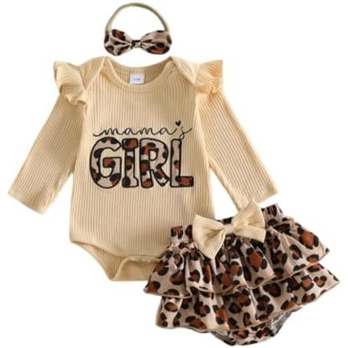 fhutpw Newborn Baby Girl Clothes Ribbed Sleeve Romper Top Leopard Ruffle Shorts Bow Headband Infant Summer Outfits 0-18M