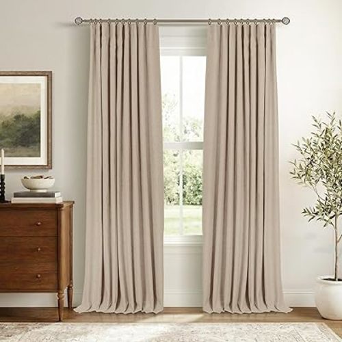 INOVADAY 100% Blackout Curtains for Bedroom, Black Out Curtains 84 Inch Long, Clip Rings Linen Blackout Drapes, Thermal Insulated Room Darkening for Living Room, 2 Panels - Burlywood Birch,W50xL84
