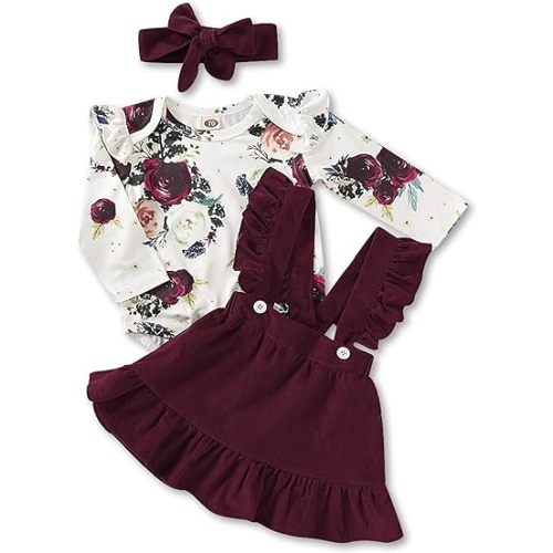 Kucnuzki Conjunto de mameluco de manga larga con volantes para bebé recién nacido, conjunto de falda para niña pequeña