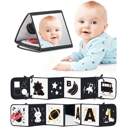 Black and White Baby Books for Newborn - Tummy Time Mirror & Sensory Toys Soft Montessori Toy for Infant Visual Stimulation, Brain Development & Early Learning - High Contrast Toys for 0-6 Months