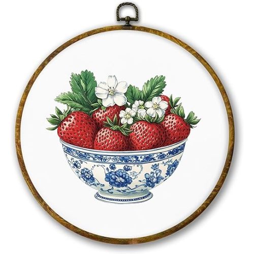 Mcehtle Chinoiserie Strawberry Bowl Kitchen Wall Art Decor, Blue and White Porcelain Still Life Fruits Framed Canvas Prints 10x10, Grand Millennial Dining Room Round Wall Hanging Artwork Decorations