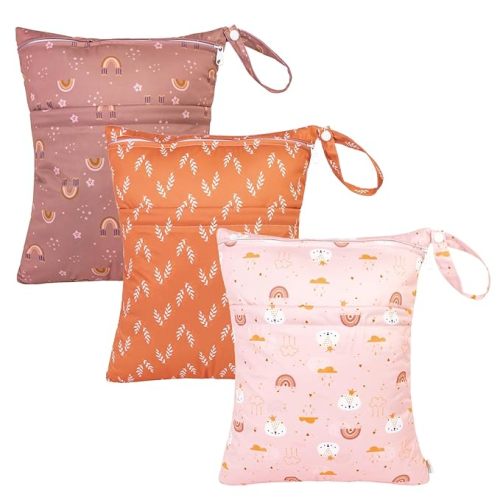 babygoal Wet Dry Bags for Baby Cloth Diapers, Washable Travel Bags, Beach, Pool, Gym Bag for Swimsuits & Wet Clothes with Two Zippered Pockets 3 Pack, 3LN15