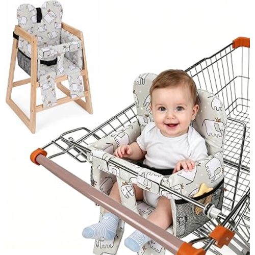 Baby Shopping Cart Seat Cover – Padded Shopping Cart Seat for Baby, High Chair Cover for Restaurant, Unisex Machine Washable Infant Toddler Cart Cover with Storage Pockets – Gray Elephant