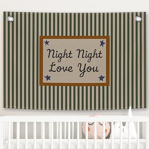 Retro Nursery Kids Banner Canvas, Vintage Bedroom Decor, Night Night Love You Hanging Flag Sign, Green Striped Wall Tapestry Art for Baby Shower Playroom Toddler Room Boys Girls 20x30in