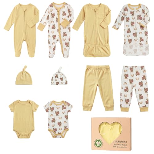 Aablexema Organic Cotton Baby Layette Set, 10pcs Newborn Essentials Footed Pjs, Bodysuits, Pants, Hats, Nightgowns