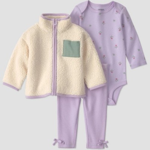 Carter's Just One You® Baby Girls' 3pc Long Sleeve Floral Printed Bodysuit, Pants and Jacket Set - Lilac 3M
