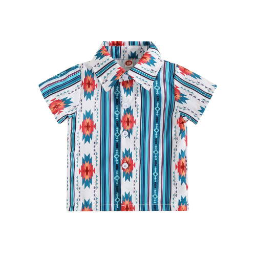 Suealasg Western Kids Baby Boy Shirt Short Sleeve Lapel Cow Printed Button Down Shirt 6M 1T 2T 3T Toddler Boy Summer Clothes