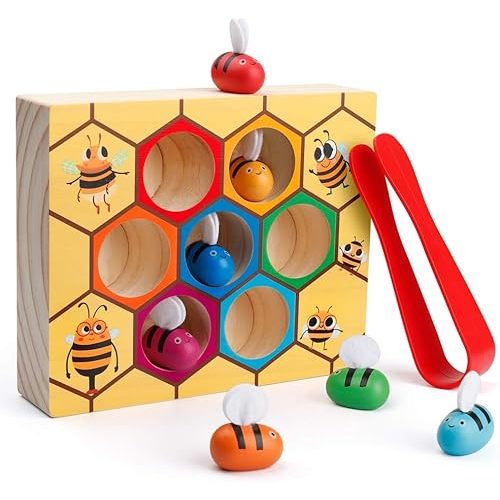 Coogam Toddler Fine Motor Skill Toy, Clamp Bee to Hive Matching Game, Montessori Wooden Color Sorting Puzzle, Early Learning Preschool Educational Gift Toy for 3 4 5 Years Old Kids