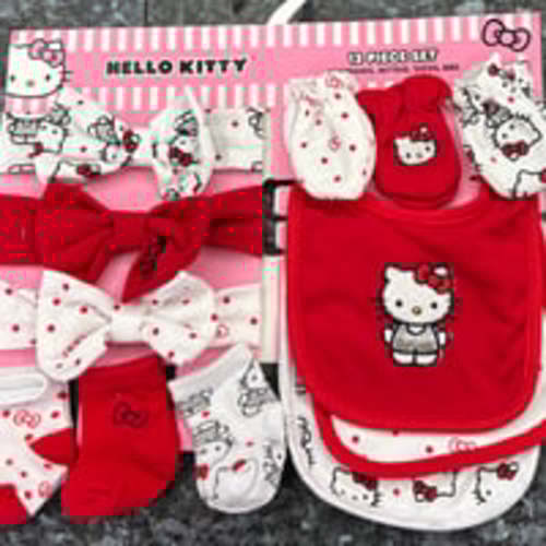 New Hello Kitty baby girl 12 piece set includes bibs, mittens, socks & headbands
