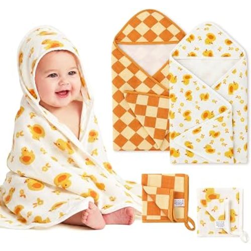 6 Pcs Baby Hooded Towels and Washcloths Yellow Duck Checker Print