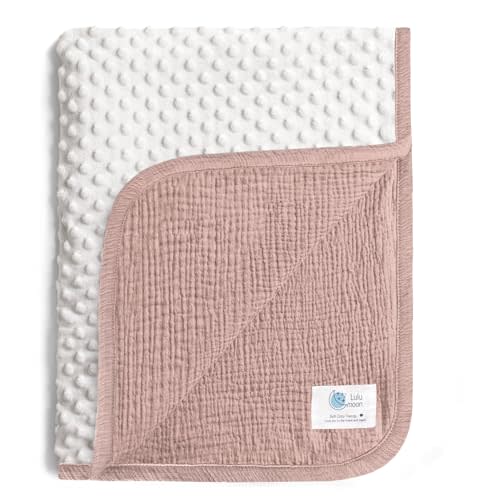 lulumoon Muslin Baby Blanket for Girls: Minky Dot Backing Thermal - Newborn Blanket for Baby Shower & Registry Gift 30"x40"(Sand)
