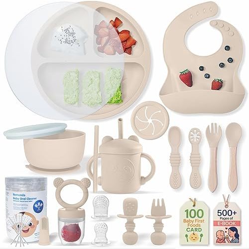 Remonda 23-Piece BPA-Free Silicone Baby Feeding Set | Extra Large Suction Plates, Toddler Bowls, Self Feeding Spoons, and More | Dishwasher Safe| Baby Led Weaning Supplies（Beige）