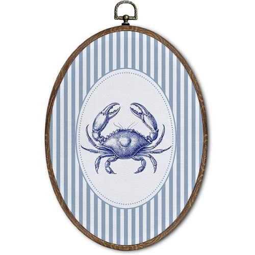 FLAWAFLOMA Vintage Nautical Nursery Oval Wall Art Decor, Kids Room Canvas Wall Art Framed, Retro Crab Hanging Decorations for Kids Toddler Boy Nursery Room Playroom Decor, 8.6x11.4 Inch