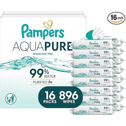 Pampers Aqua Pure Baby Wipes, 99% Water, Fragrance Free, 896 Baby Wipes Total (16X Flip-Top Packs) [Packaging May Vary]
