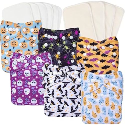 Babygoal Halloween Cloth Diapers 6 Pack with 10 Inserts, Baby Reusable Adjustable Washable One Size Pocket Nappy Covers