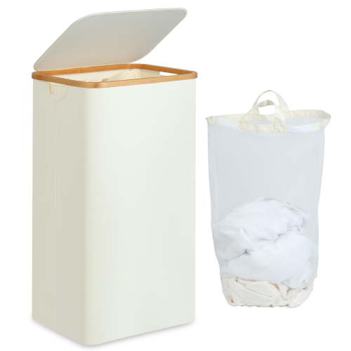 Efluky, Laundry Hamper, 100L, with Lid, Bamboo Handles, Collapsible