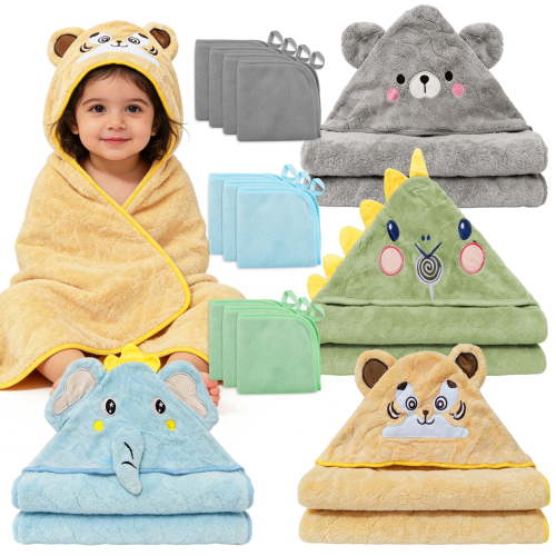 14 PCS Baby Towels, 4 PCS Soft Hooded Baby Towels & 10 PCS Washcloths, Baby Bath Towels for Newborns, Infants & Toddlers- Ultra Absorbent, Cute Baby Towel Gift for Boys