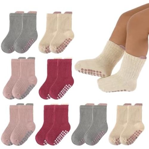 8 Pairs Baby Toddler Socks Non-Slip Grip Socks for Boys Girls Newborn Infant Baby Cotton Crew Sock with Grips 0-5T