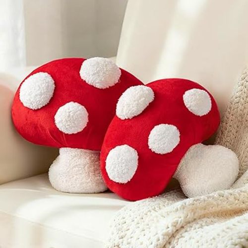 AELS Mushroom Pillow Set of 2, Cute Polka Dot Plush Decorative Throw Pillows for Couch, Sofa, Bedroom, Nursery, Home Decor for Home & Mushroom Lovers, Red