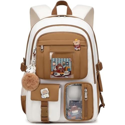 Backpack with Accessories Laptop Bookbags 16 Inch Kawaii Kids Elementary Middle High School Bag College Travel Daypack Gifts for Teens Women Students (Beige Khaki)