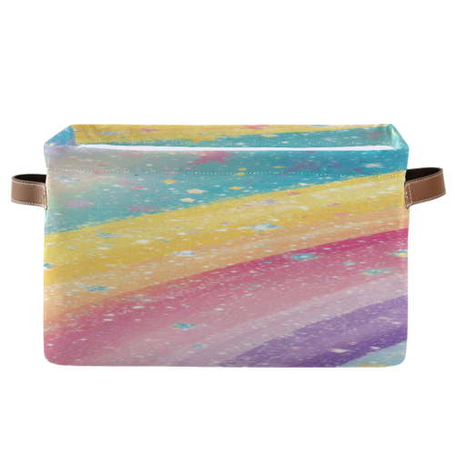 Glittery Rainbow Foldable Storage Basket,Canvas Fabric Foldable Storage Bins with Handles Open Home Storage Bins Boxes for Toy Book Shelf Closet Baskets