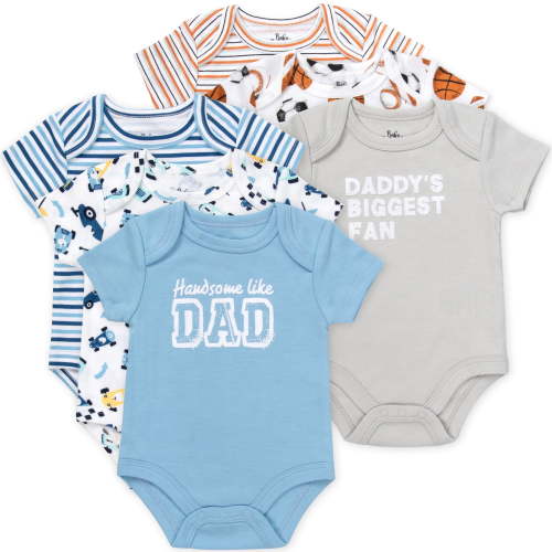 Baby Essentials Baby Boy 6 Pack Short Sleeve Bodysuit Romper, Baby Outfit Set (9 months,Dad Sports Multi Color)