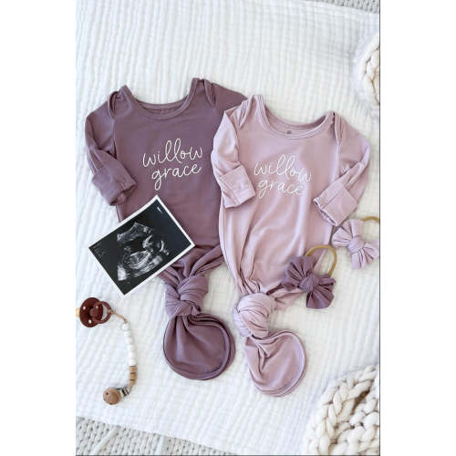Personalized Bamboo Newborn Baby Knot Gown | Lovely Lilac - Script
