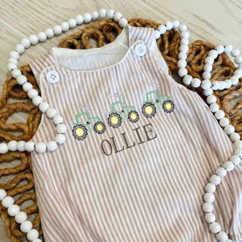 Custom Embroidered Baby Boy Tractor Romper – Striped Farm Outfit Personalized