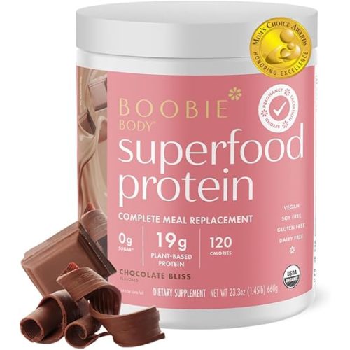 Boobie Body Superfood Protein Meal Replacement Shake, Chocolate Bliss Flavor | 19g Protein | Safe for Prenatal, Pregnancy, Lactation, & Motherhood | Organic, Vegan, Zero Sugar, 1 Tub (20 Servings)
