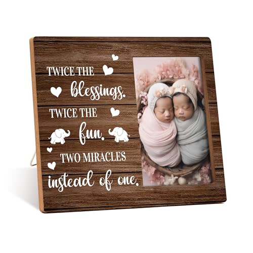 Twins Photo Frame - Twice The Blessings Twice The Fun Pregnancy Announcement Picture Frame - Elephant Baby Twin Frames Gift - Twin Boys Girls Gifts For Babies, Twins Gifts For Mom -06