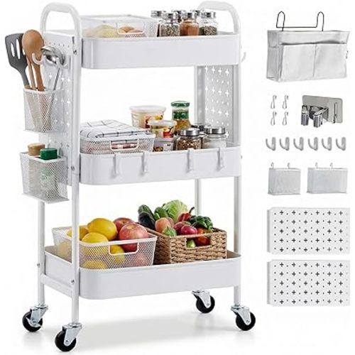 3 Tier Rolling Cart with DIY Pegboards & Mop Holder, Metal Utility Cart with Wheels, Hooks and Bins, Storage Organizer for Bathroom, Laundry, Kitchen, Office, Craft Room (White)