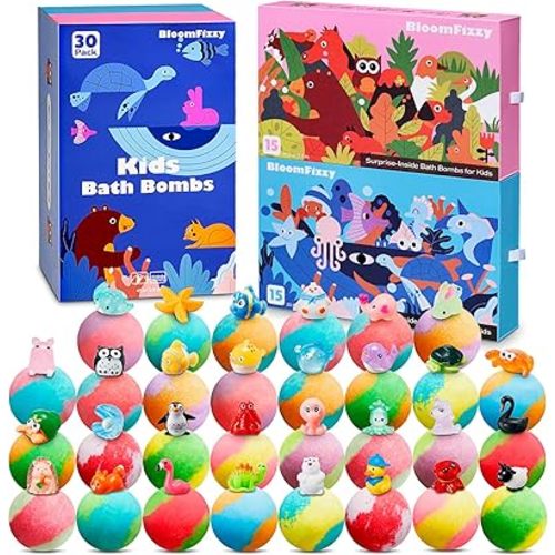 30 Kids Bath Bombs with Surprise Inside – Gift Set with 30 Unique Land & Sea Animal Toys, Fun, Educational, and Child-Safe Natural Bath Bombs with Toys, Great Gift for Kids’ Birthdays & Christmas