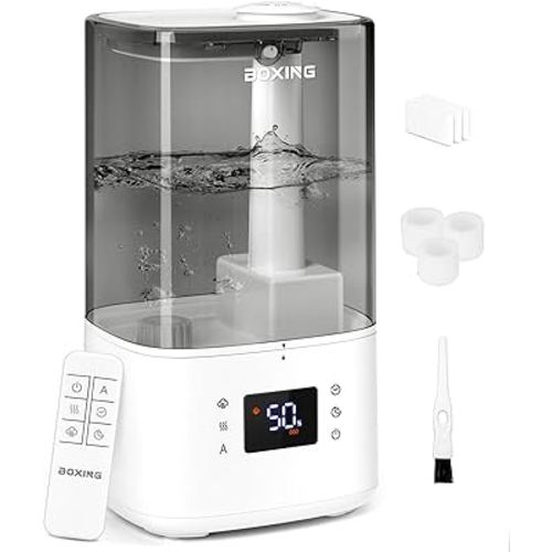 BOXING 6L Warm & Cool Mist Humidifiers for Bedroom, Air Humidfier for Large Room with Remote Control, Auto Mode Perfect for Baby & Plants, Top Fill, Sleep Mode, Timer, Essential Oil Tray, 60H