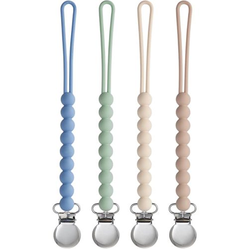 Pacifier Clip for Boys Girls - MORIBOX 4 Pack Paci Clip Soothie Baby Binky Holder for Shower Gift Birthday (Beige+Dbeige+Blue+Sage)