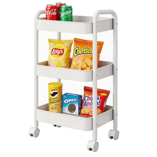 Behome Rolling Cart, 3 Tier Storage Trolley with Handle, Utility Cart with Plastic Shelf & Lockable Wheels, Kitchen Storage Organizer for Bathroom, Office, Bedroom, White