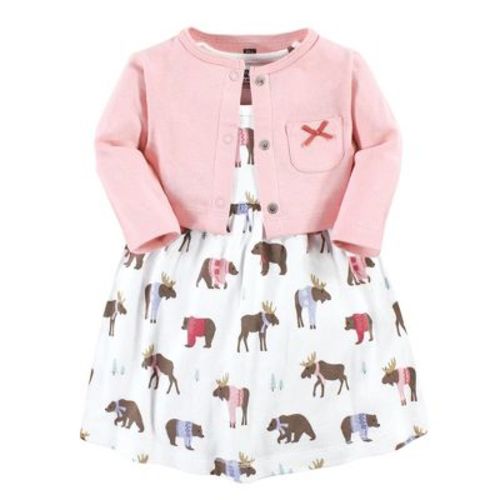 Hudson Baby Baby Girl Cotton Dress and Cardigan Set, Pink Moose Bear, 3-6 Months
