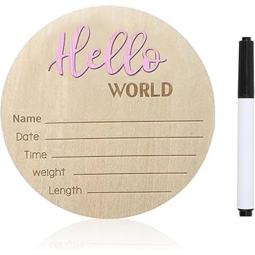 Baby Announcement Sign, 5.9 Inch Wooden Hello World Newborn Signs, Birth Announcement Sign, Baby Shower Hospital Nursery for Newborn Boys and Girls (Light Pink,Pen)