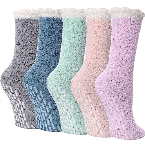 LINEMIN Non-Slip Fuzzy Socks for Women - Cozy Hospital Soft Fluffy Socks With Grips - Winter Warm Slipper