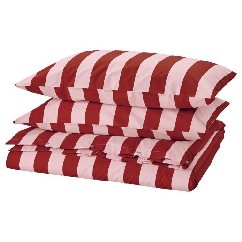 SLÅNHÖSTMAL Duvet cover and pillowcase(s) - light pink dark red/stripe Full/Queen (Double/Queen)