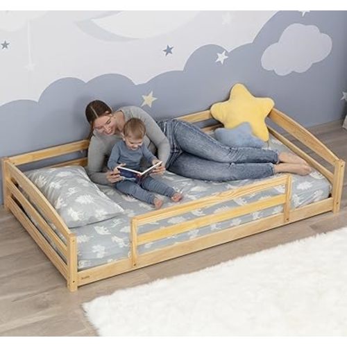 Ocodile Twin Floor Bed with Safety Guardrails for Kids, Montessori Inspired with Rails and 2 Openings, Twin Size Bed Frame for Girls and Boys - Varnished