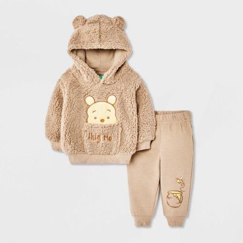 Baby Boys' 2pc Disney Winnie The Pooh Cozy Fleece Hooded Sweatshirt and Pants Set - Tan 0-3M