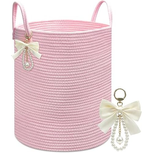 Laundry Hamper Pink, all Cotton Rope Laundry Basket Blanket and Toy Storage Basket for Living Room, Bedroom, Bathroom, Nursery Pink