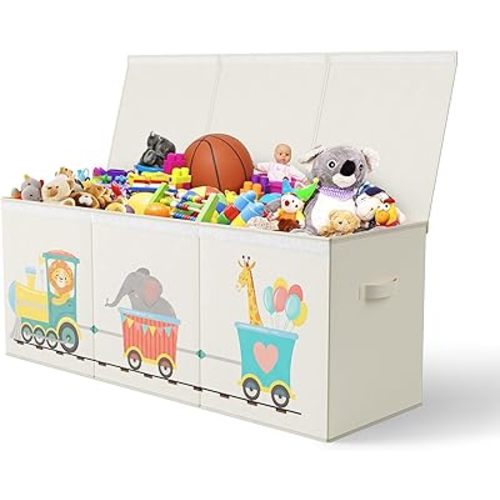 Extra Large Collapsible Sturdy Toy Storage Organizer with Lids, Animal Train Toy Box for Boys Girls, 40"x16"x16", Modern, Beige