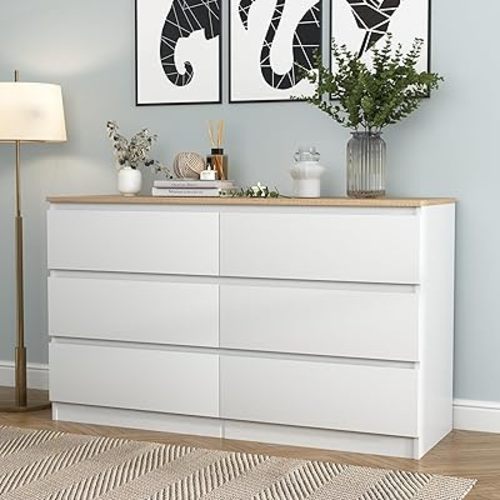 Vibe & Dine White Dresser for Bedroom, Modern 6 Drawer Double Dresser, Wide Chest of Drawers Free Handles for Closet, Living Room, Hallway