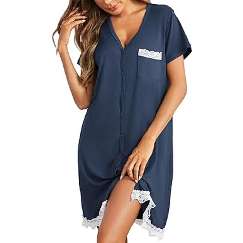 Ekouaer Women Striped Nightgowns Button Down Sleepshirts Short Sleeves Nightshirts